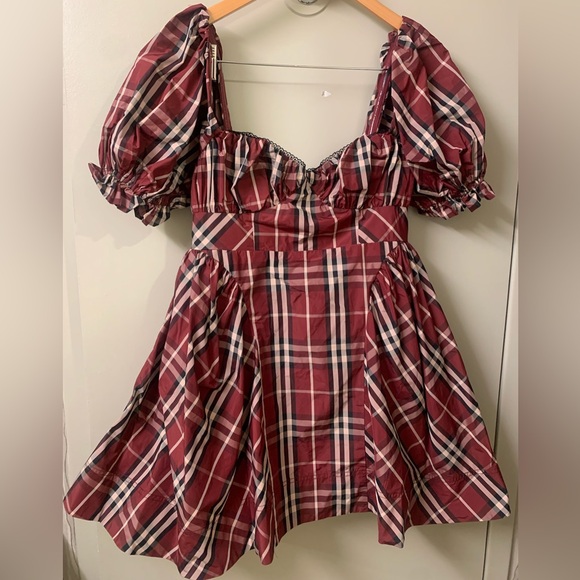 Anthropologie Maeve Maroon Tartan Plaid Puff Sleeve A-Line Mini Dress Small NWT - Picture 3 of 9
